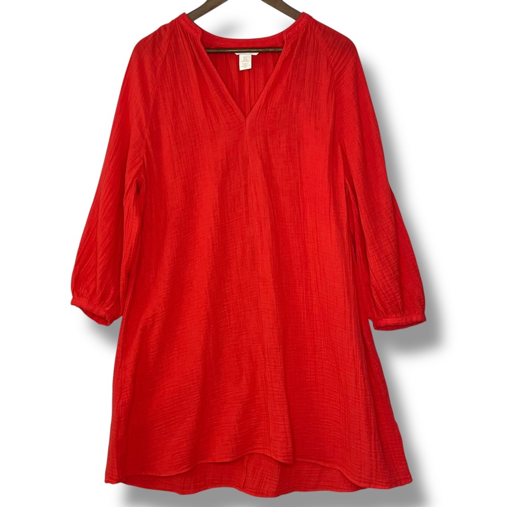 H&M S Dress Double Weave Tunic Red Orange Poppy Gauze Crepe‎ Valentine Romantic